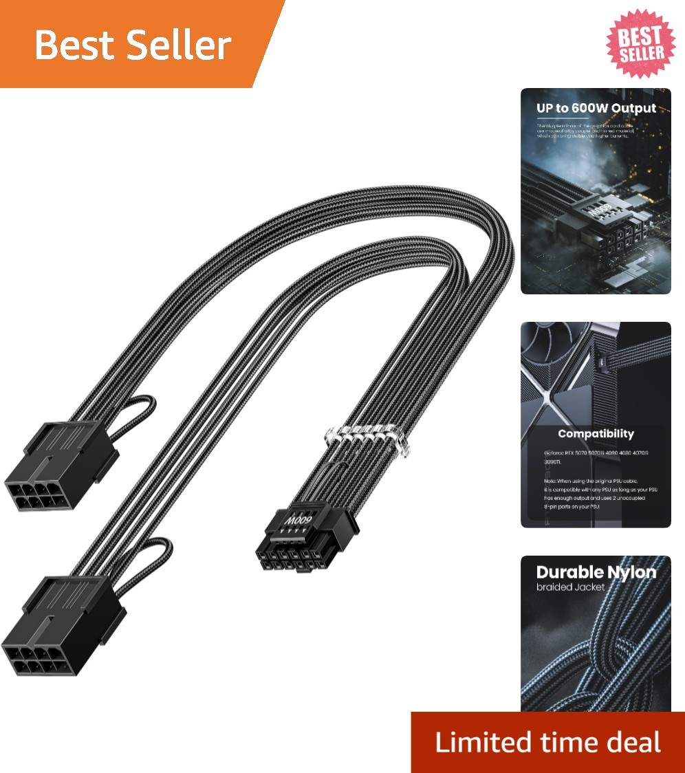 High-Performance 30cm 16 Pin to 2×8 Pin PCIe Power Adapter – Braided Black