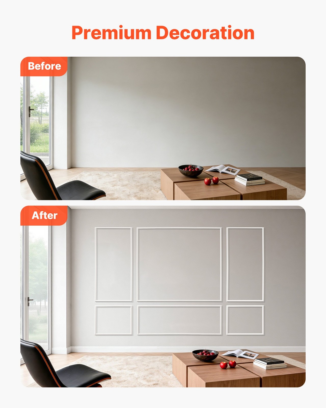 Wall Molding 3 Pack, Wainscoting Panels Kit, Lightweight Paintable Polystyrene,