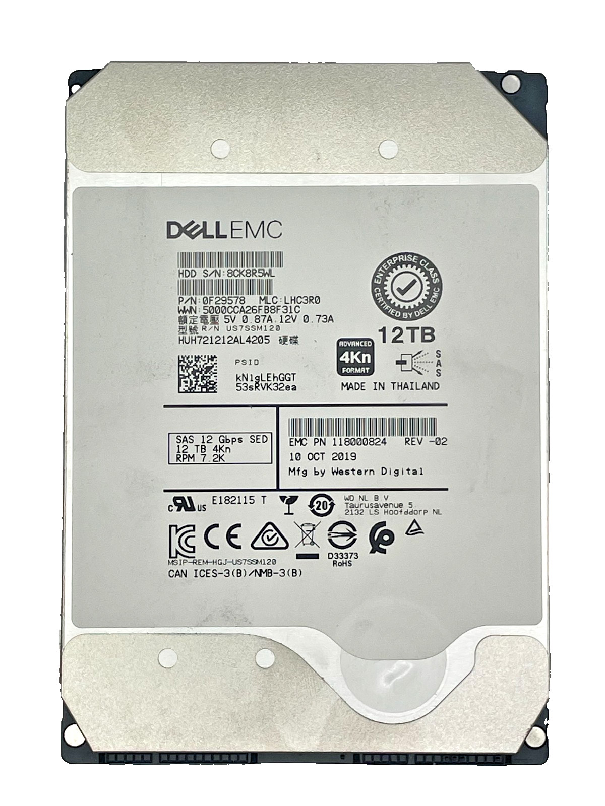 Dell EMC 12TB SAS 12Gb/s 7.2K 3.5″ EMC12T0 H5H72121 Grade B 50K-70K POH