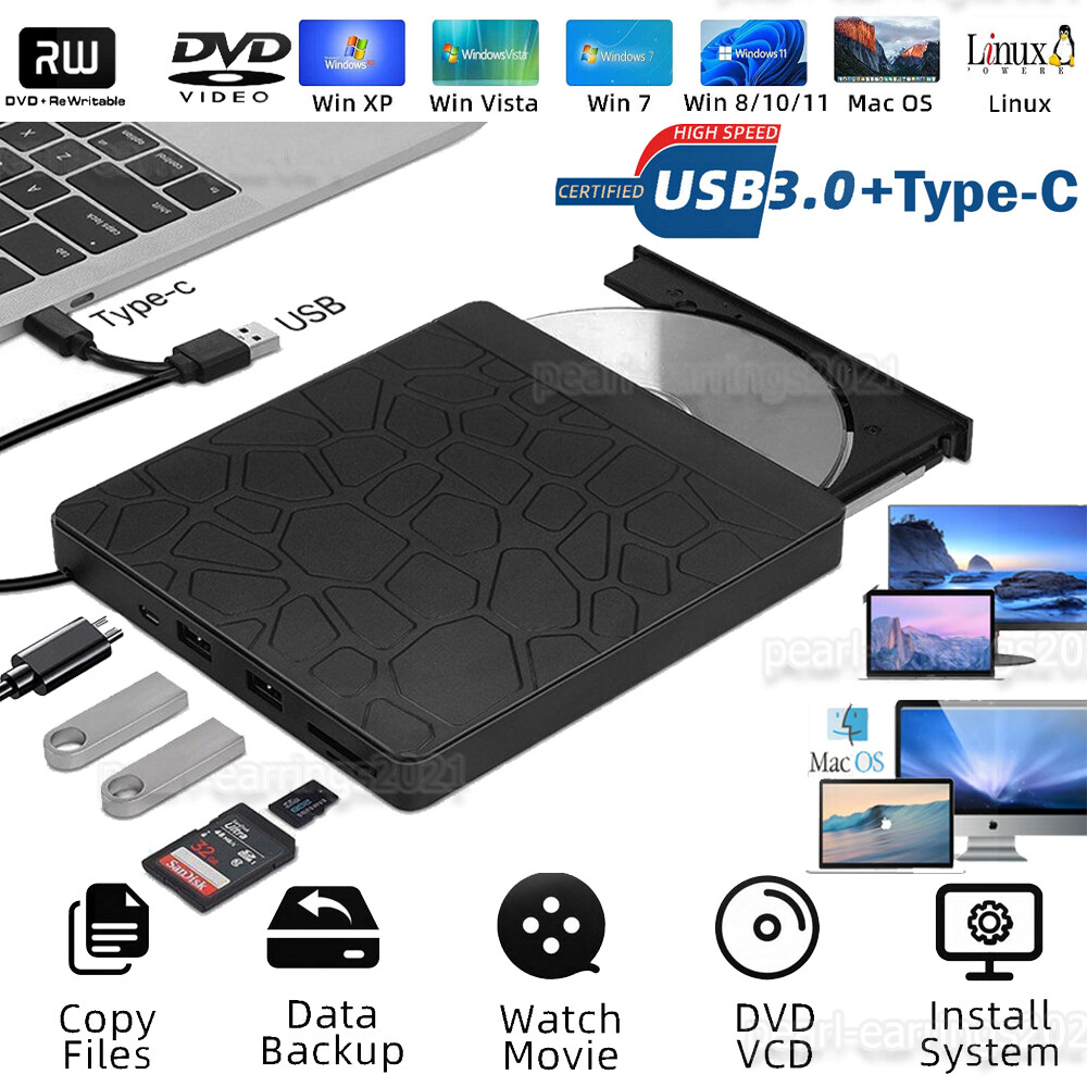 External CD DVD Drive Type-C USB 3.0 Player Disc Burner Reader for Laptop MAC OS