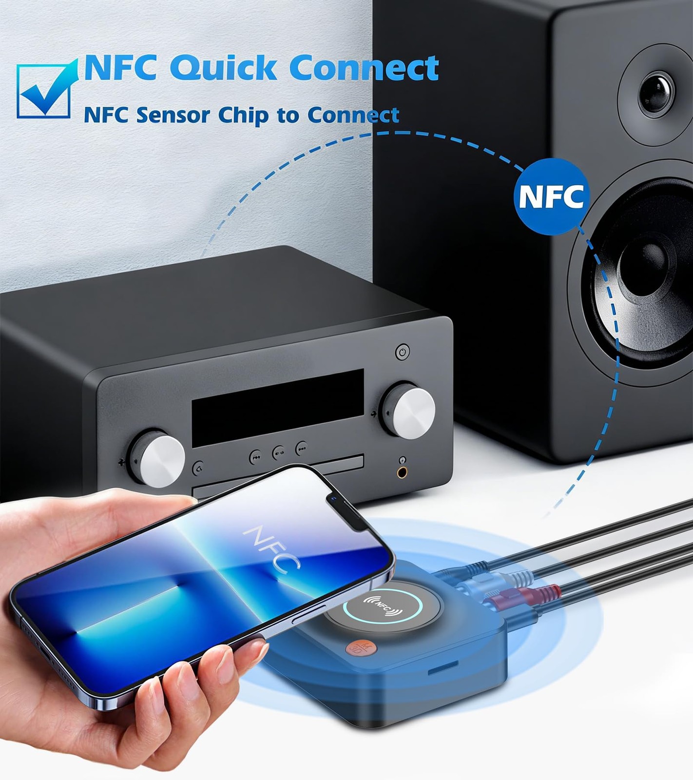 Bluetooth Receiver for Home Stereo, AUX RCA Adapter, NFC, 33ft Range