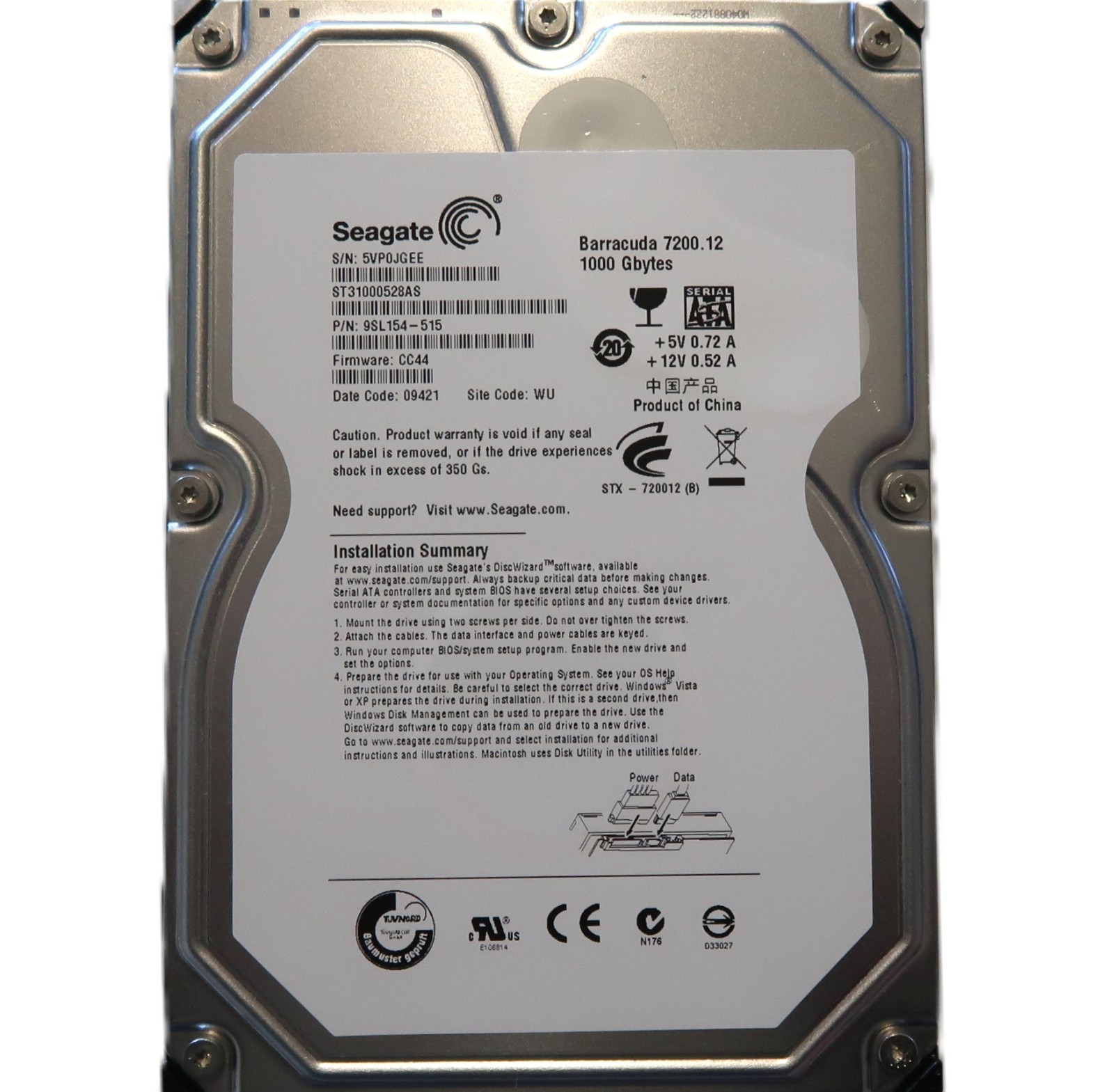 Seagate ST31000528AS 9SL154-515 CC44 WU (5VP) China 1.0TB 3.5″ Sata HDD APR/2009