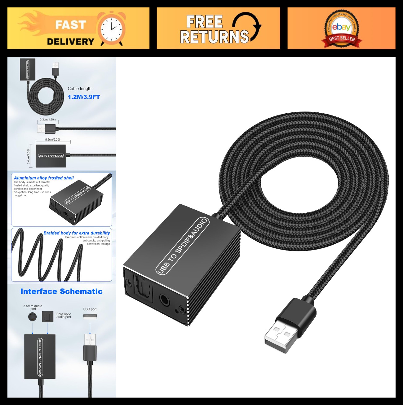 USB to Optical SPDIF Toslink & 3.5mm Audio Adapter Converter for TV, PS5, PC – 1