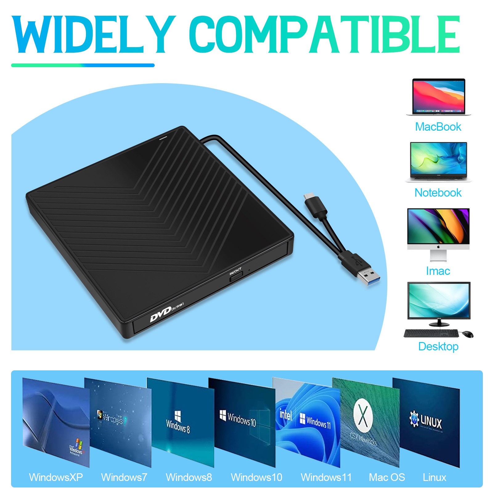 NEW External DVD Optical Drive Type-C USB 3.0 CD Writer USB C DVD +/-RW Reader