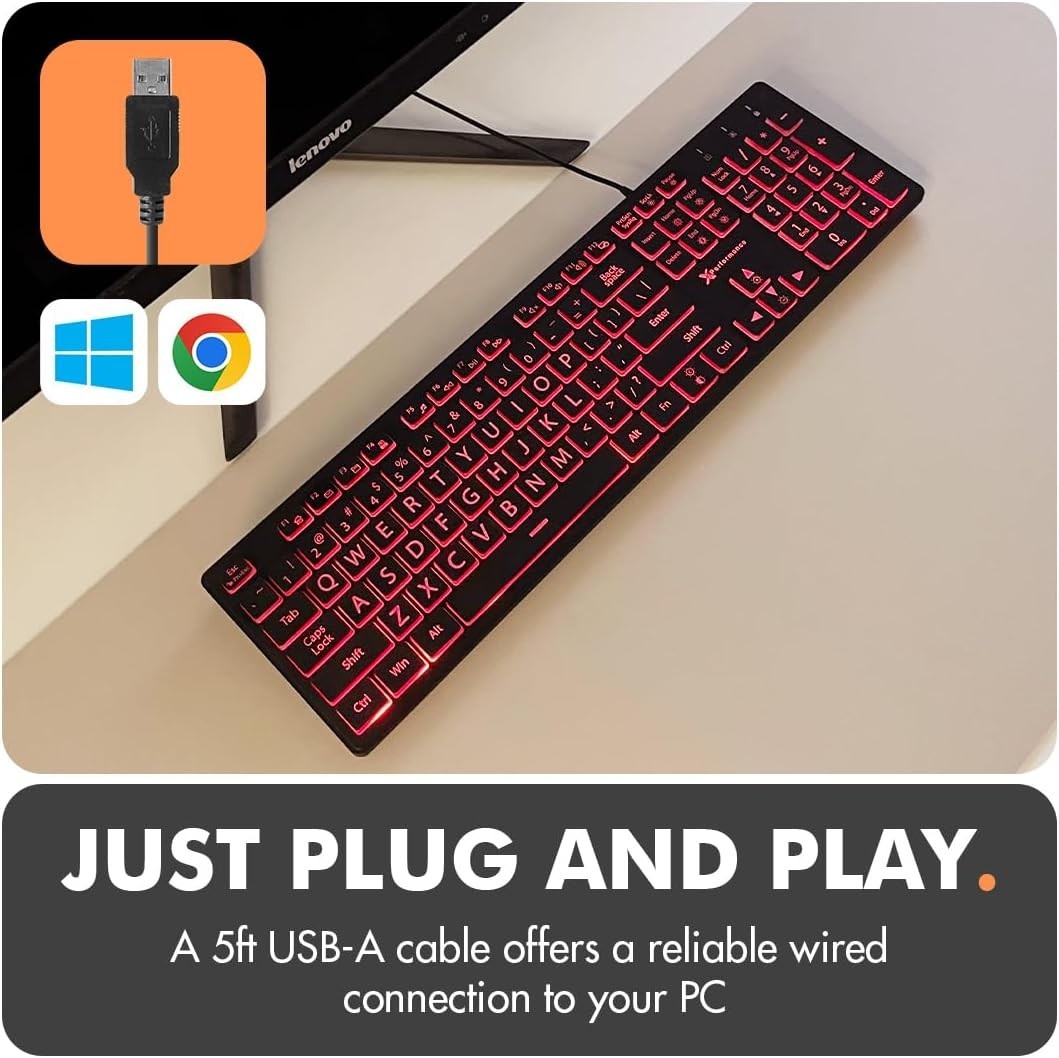 Wired Large Print Backlit Keyboard for PC – Perfect Visibility with 7 RGB Colors
