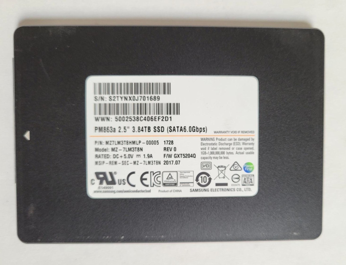 Samsung PM863a 3.84TB SATA SSD MZ-7LM3T8N 6Gbps 2.5in 98% Health