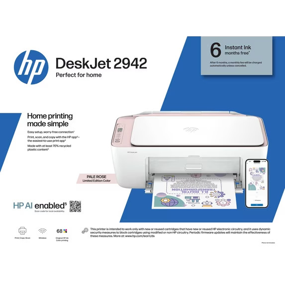HP DeskJet 2942 Wireless All-in-One Color Inkjet Printer, Pale Rose