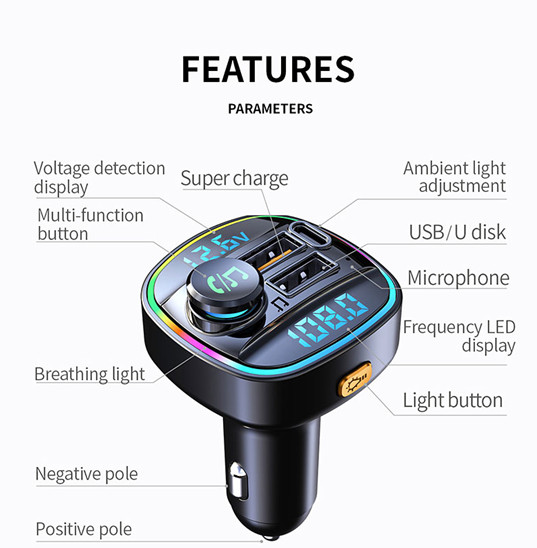 Bluetooth5.0 Wireless Car FM Transmitter MP3 AUX Receiver Adapter 2USB Charger