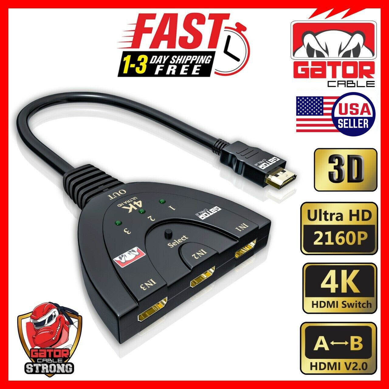 4K HDMI 2.0 Cable Auto Switch Switcher Splitter Adapter 3 In to 1 Out Devices