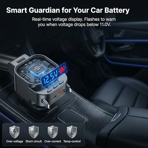 Bluetooth Car Adapter FM Transmitter, 96W Retractable Charger, 4-in-1