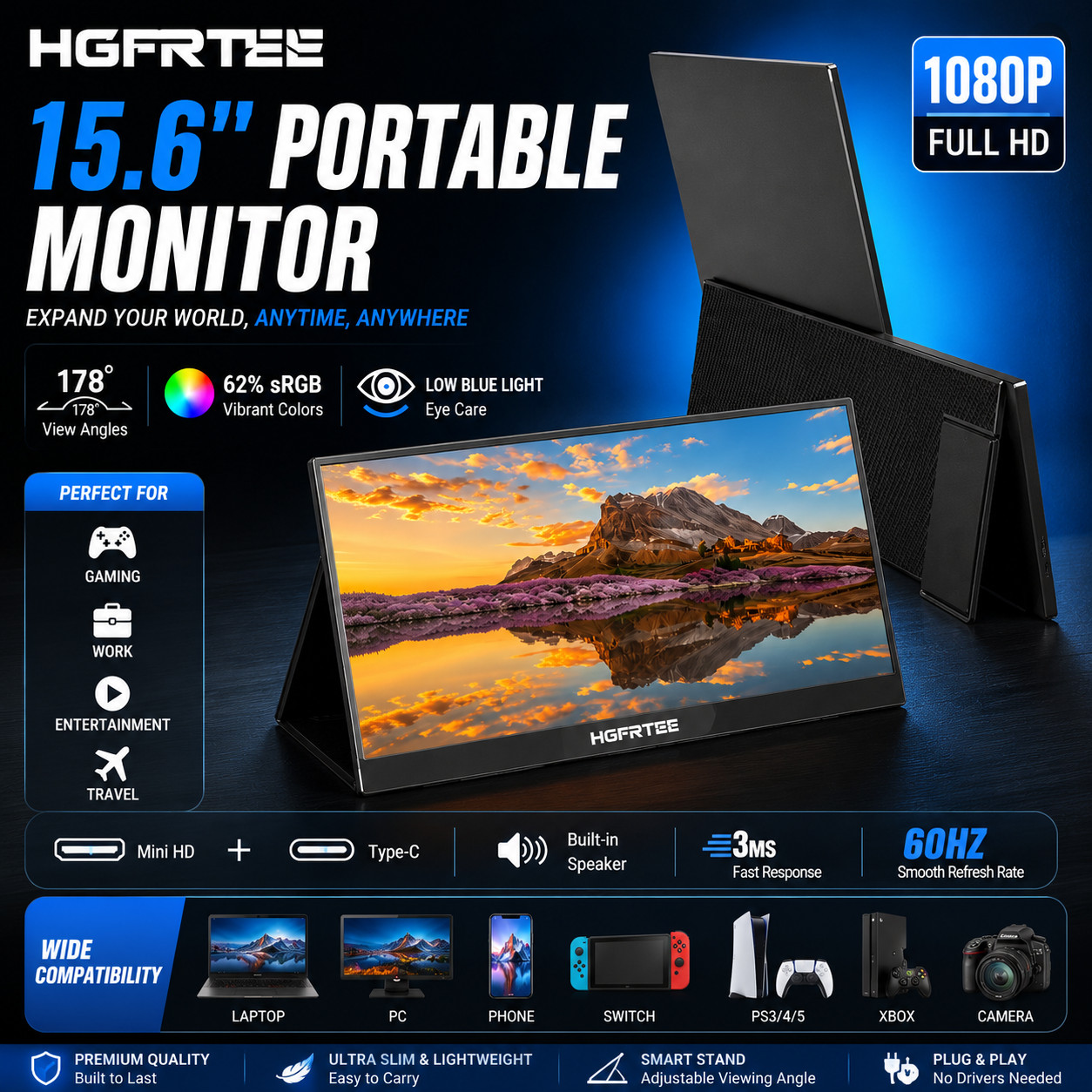 HGFRTEE Portable Gaming Monitor 15.6” FHD IPS USB-C HDMI External Display