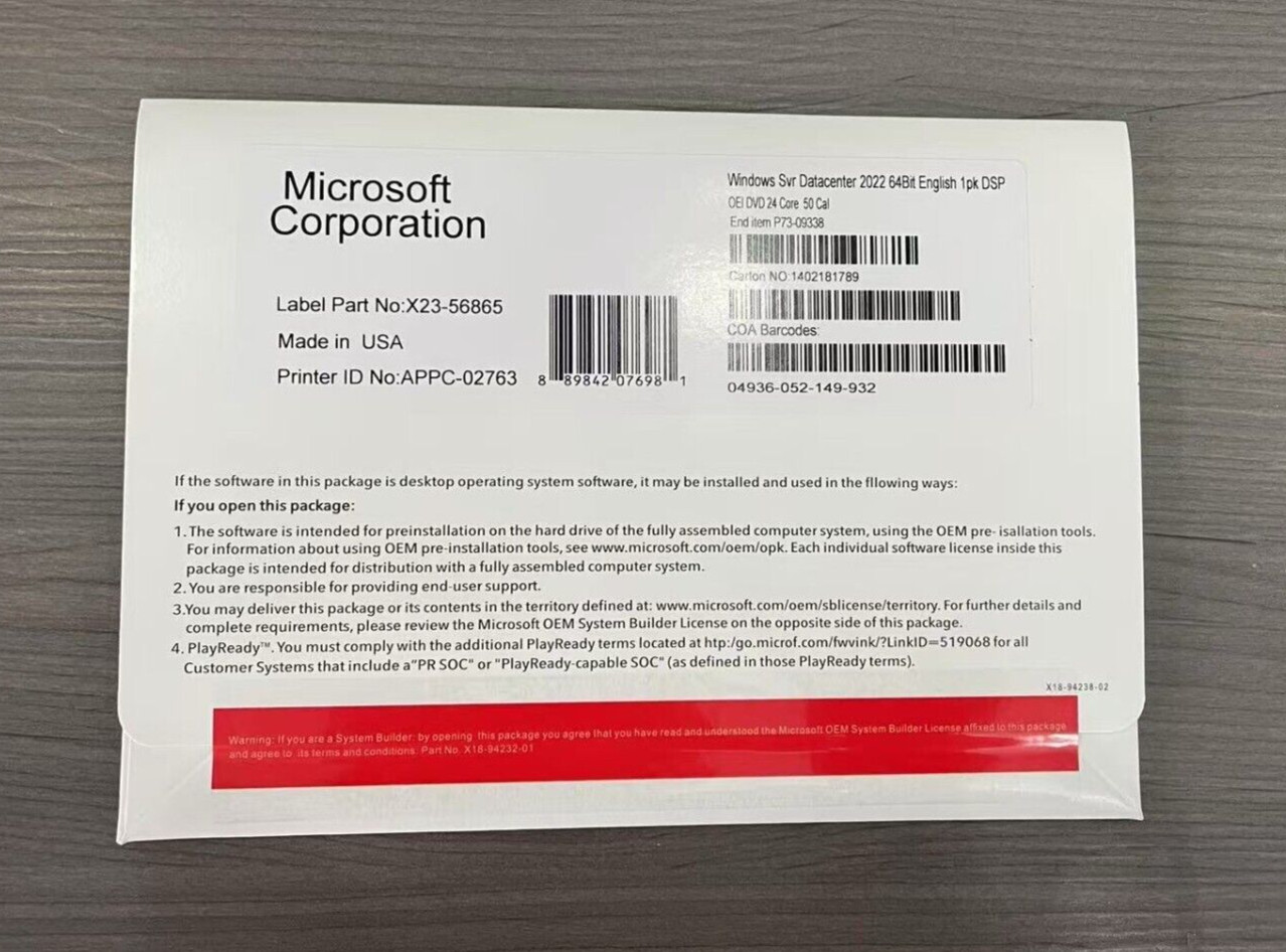 Microsoft Windows Server 2022 Datacenter 64Bit 24 Core 50 CALs DVD With Key