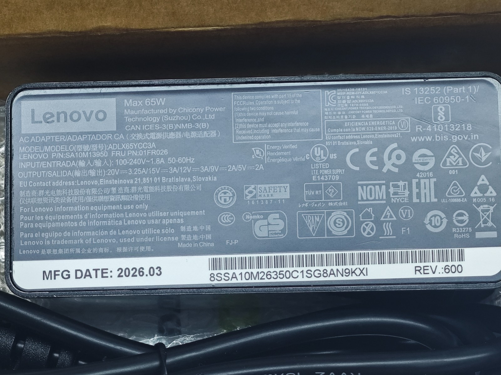 Genuine 65W USB C Laptop Adapter Charger For Lenovo Thinkpad Yoga ADLX65YDC2A