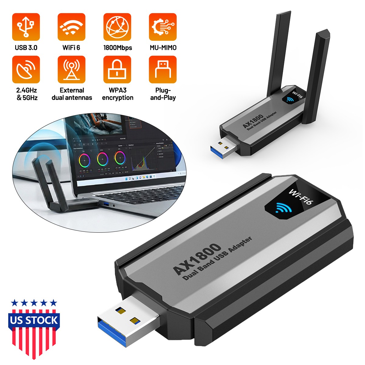 1800Mbps WiFi 6 USB Adapter AX1800M Dual Band 2.4G/5GHz Dongle for PC Win10/11