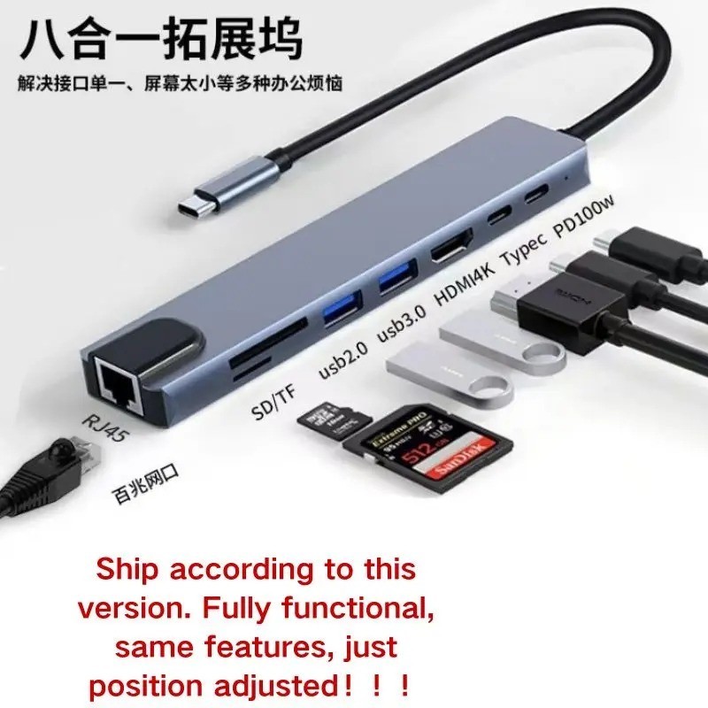 8 in 1 USB-C Hub Type C To USB 3.0 4K HDMI PD Adapter For iPhone Macbook Pro/Air