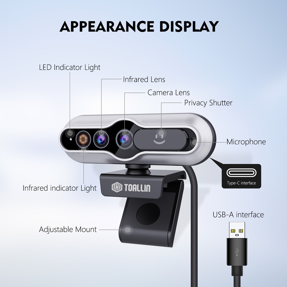 TOALLIN 2K Auto-Focus QHD Webcam Windows Hello Privacy Shutter w/Microphone New