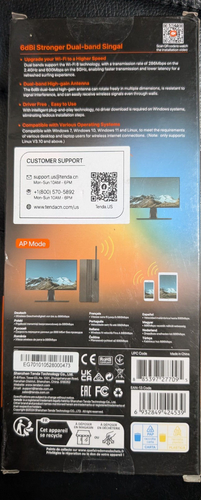 Tenda AX900 WiFi Adapter WiFi 6- Dual-Band 600Mbps 5GHz/ 286Mbps 2.4GHz, 6dBi Hi