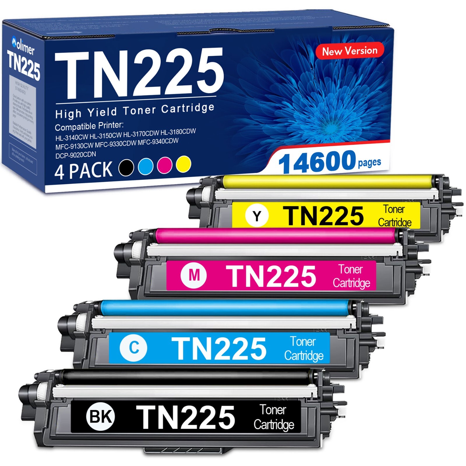 4PK TN221 TN225 Toner High Yield for Brother MFC-9130CW HL-3170CDW (BK/C/M/Y)