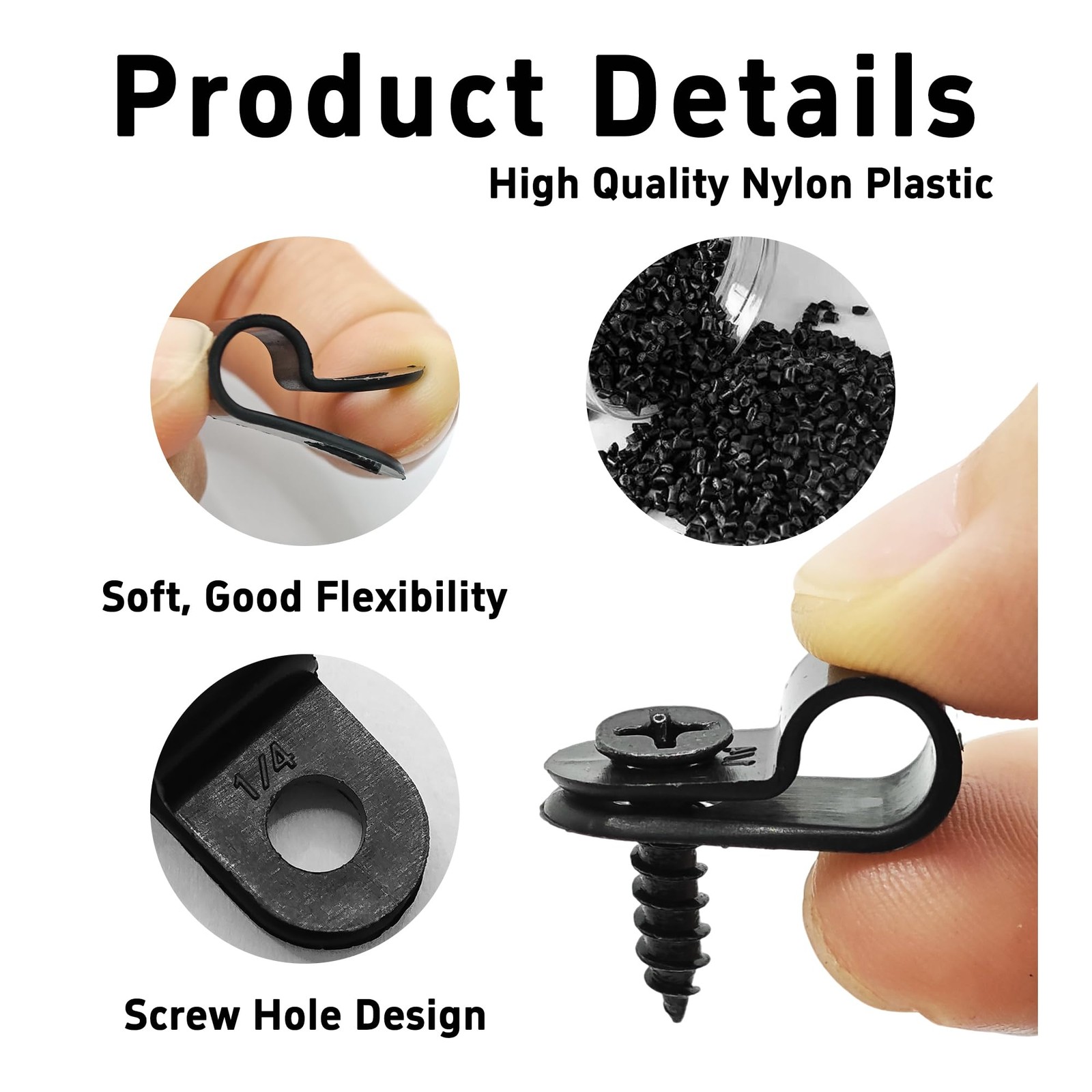 100 PCS RType Cable Clips 1/4″ Black Nylon Plastic Wire Clamps Screws Home