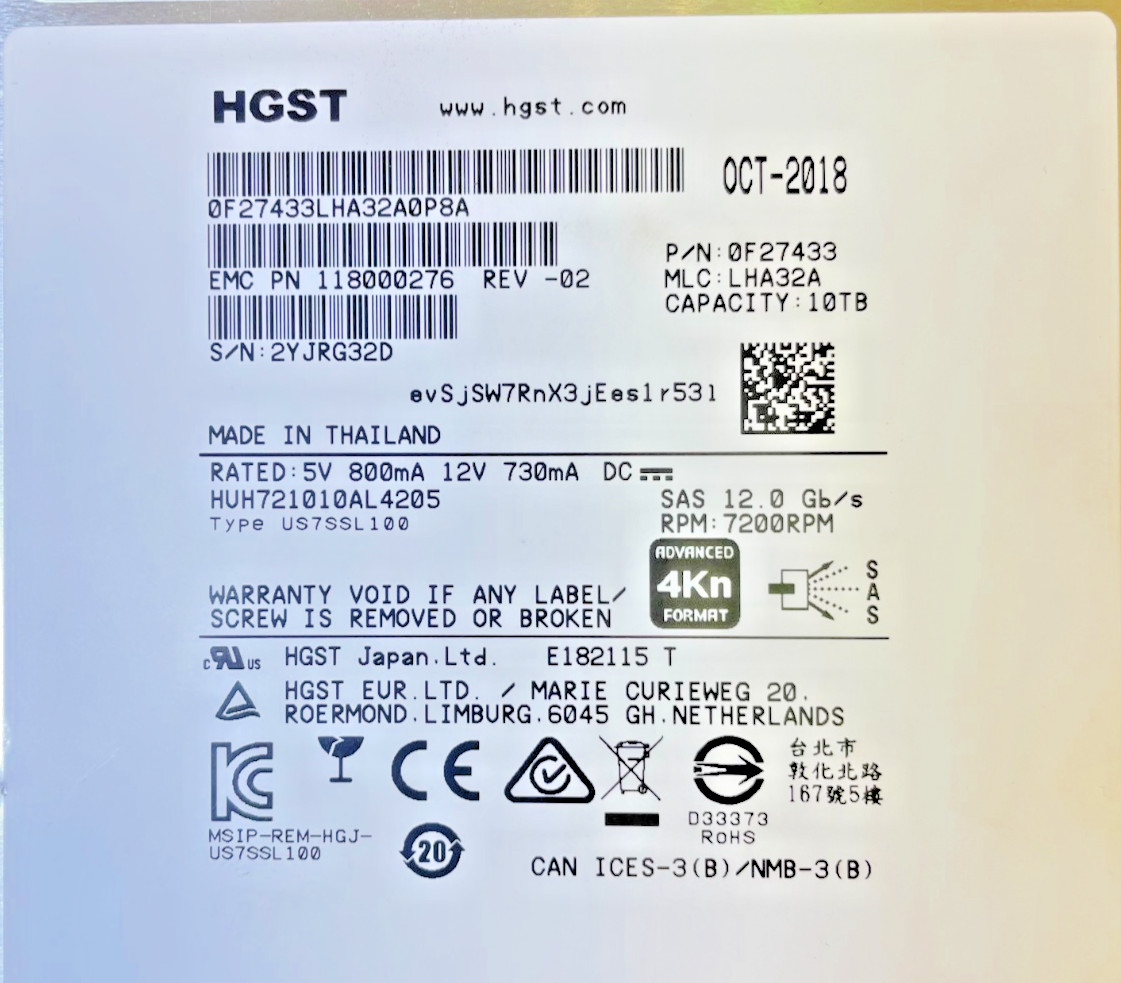 Dell HGST H5H72101CLAR10T0 10TB 7.2K SAS 12Gb/s SED 3.5in Grade A 1.5K POH
