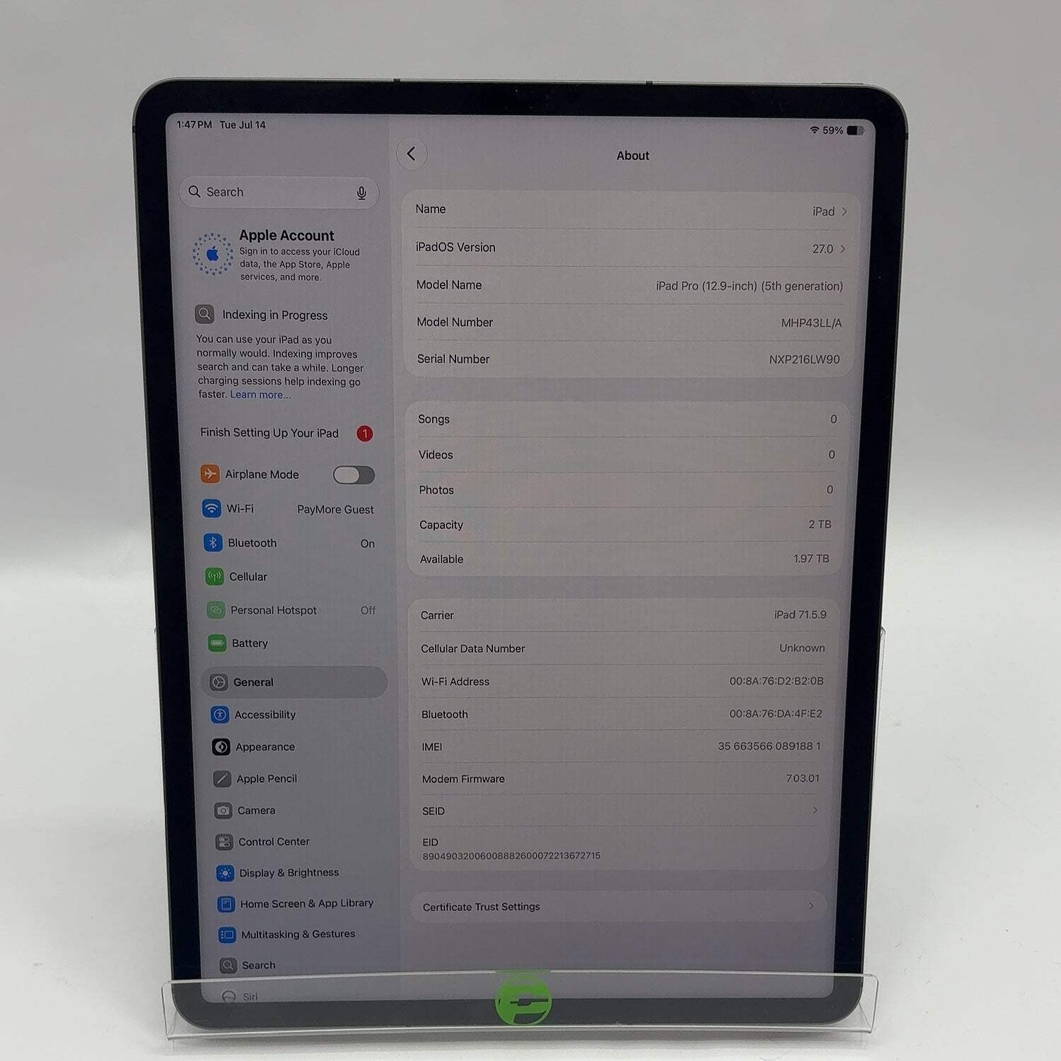 WiFi Only Apple iPad Pro 12.9″ 5th Gen 2TB Space Gray MHP43LL/A