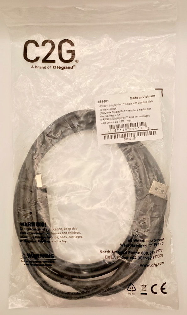 DisplayPort Male to Male Cable – 6 Foot Digital Display Cable, 8k UHD -C2G 54401