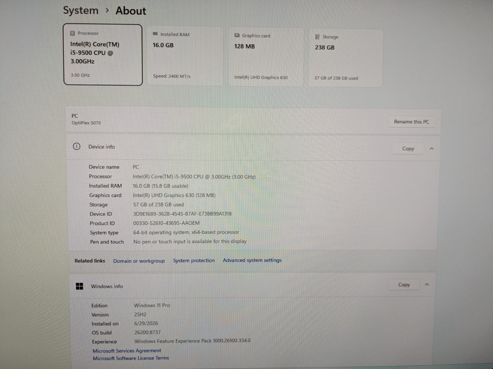 DELL OptiPlex 5070 i5-9500 3.00 GHz16GB RAM 256 GB M.2 Intel(R) UHD Graphics 630
