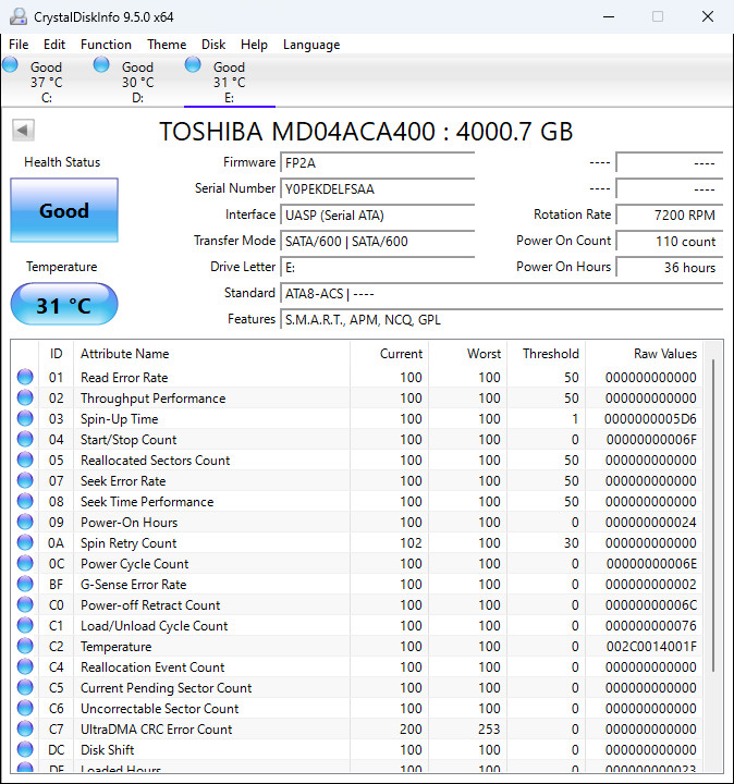 LOT 2 – TOSHIBA MD04ACA400 4TB HDD SATA III 7200 RPM T8 F11
