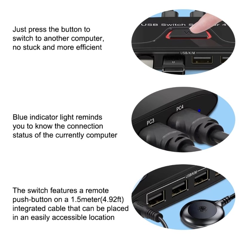 4 in 4 Out USB Sharing Switcher for Keyboard Mouse Printer with Indicator Lights