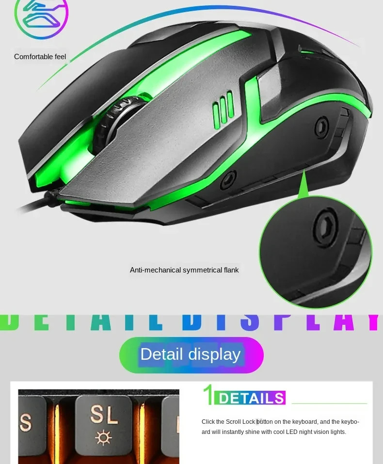 Wired Gaming Keyboard and Mouse Set RGB LED Rainbow Backlit for Computer Desktop