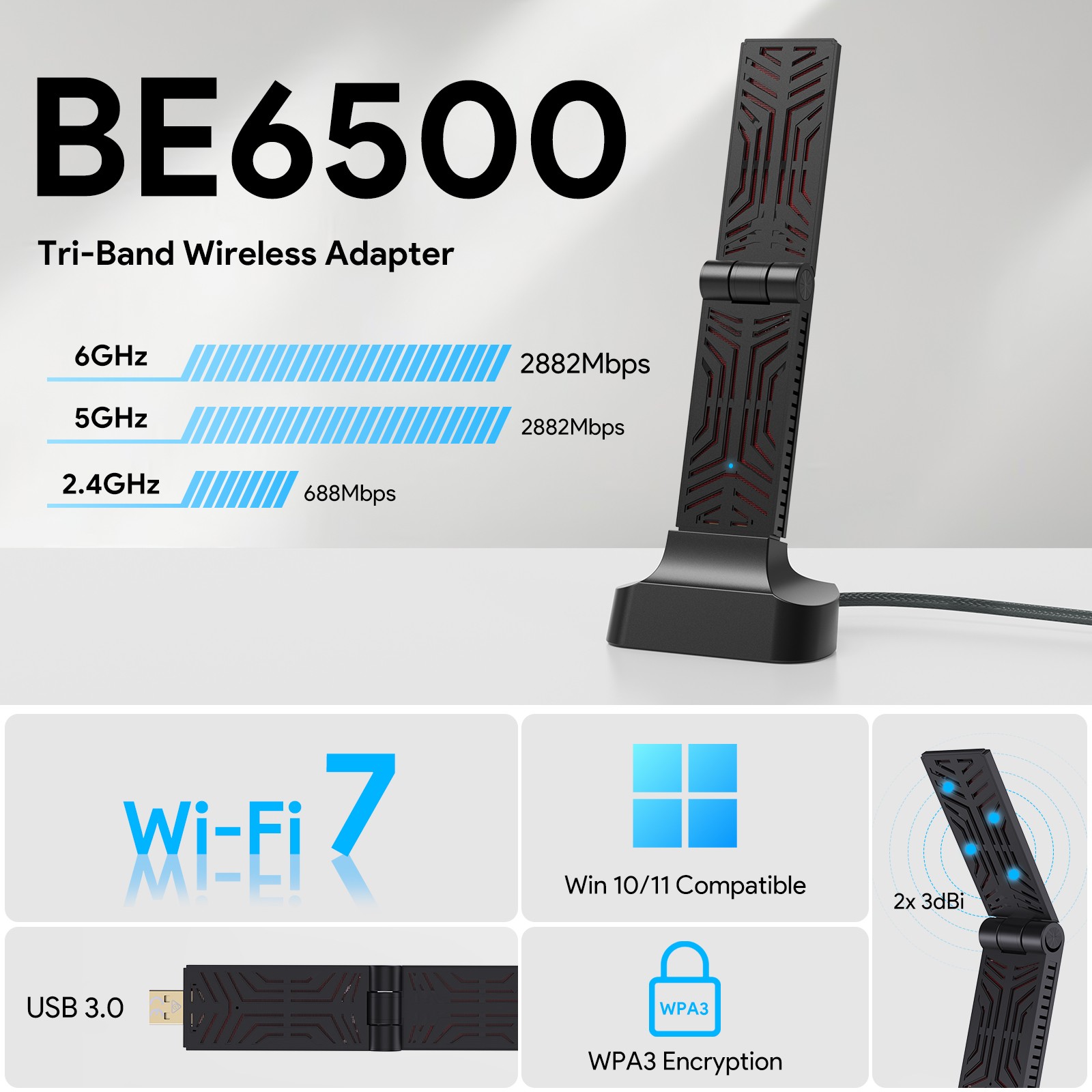 USB 3.0 WiFi Adapter for Desktop PC Wireless WiFi 7 WiFi 6E Tri-Band Dongle