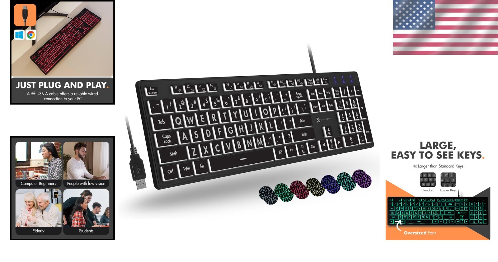 Wired Large Print Backlit Keyboard for PC – Perfect Visibility with 7 RGB Colors