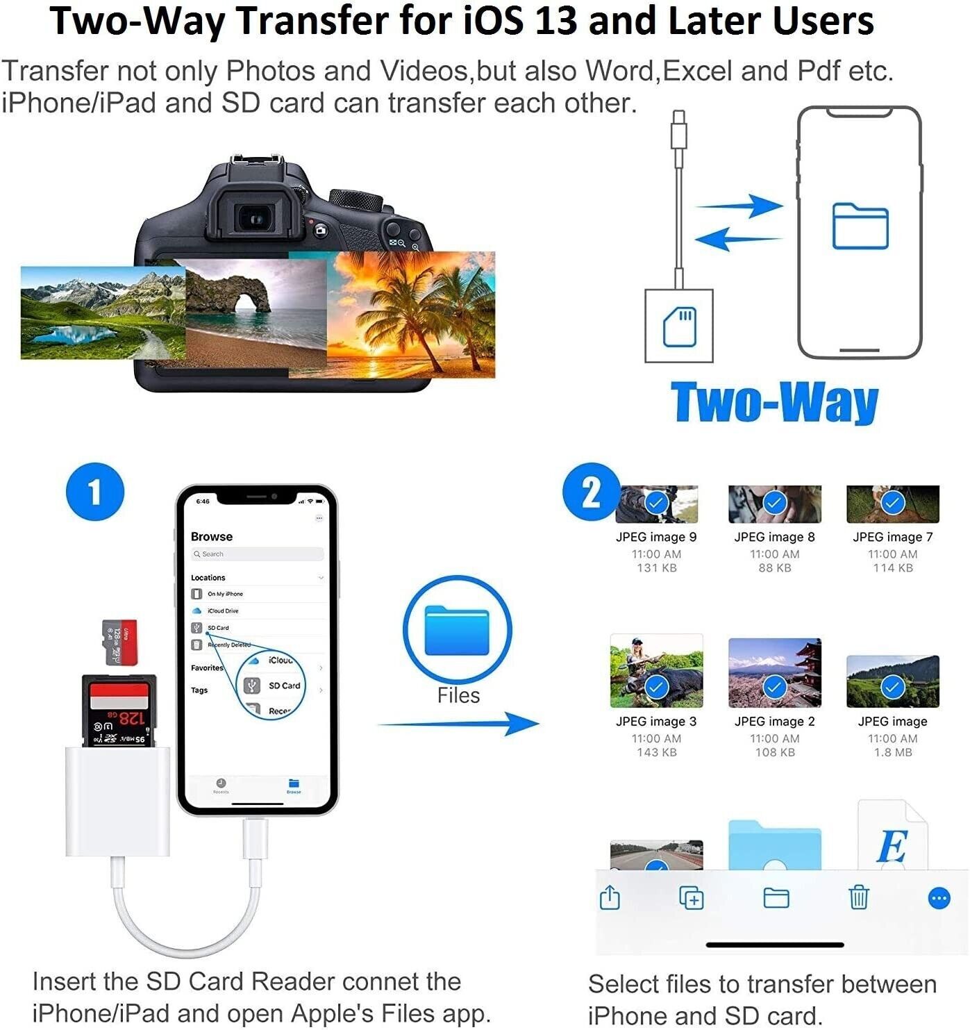 TF/SD Card Adapter Camera Reader for iPad iPhone6 7 8 Plus 13 14 17 Pro X Xs LOT