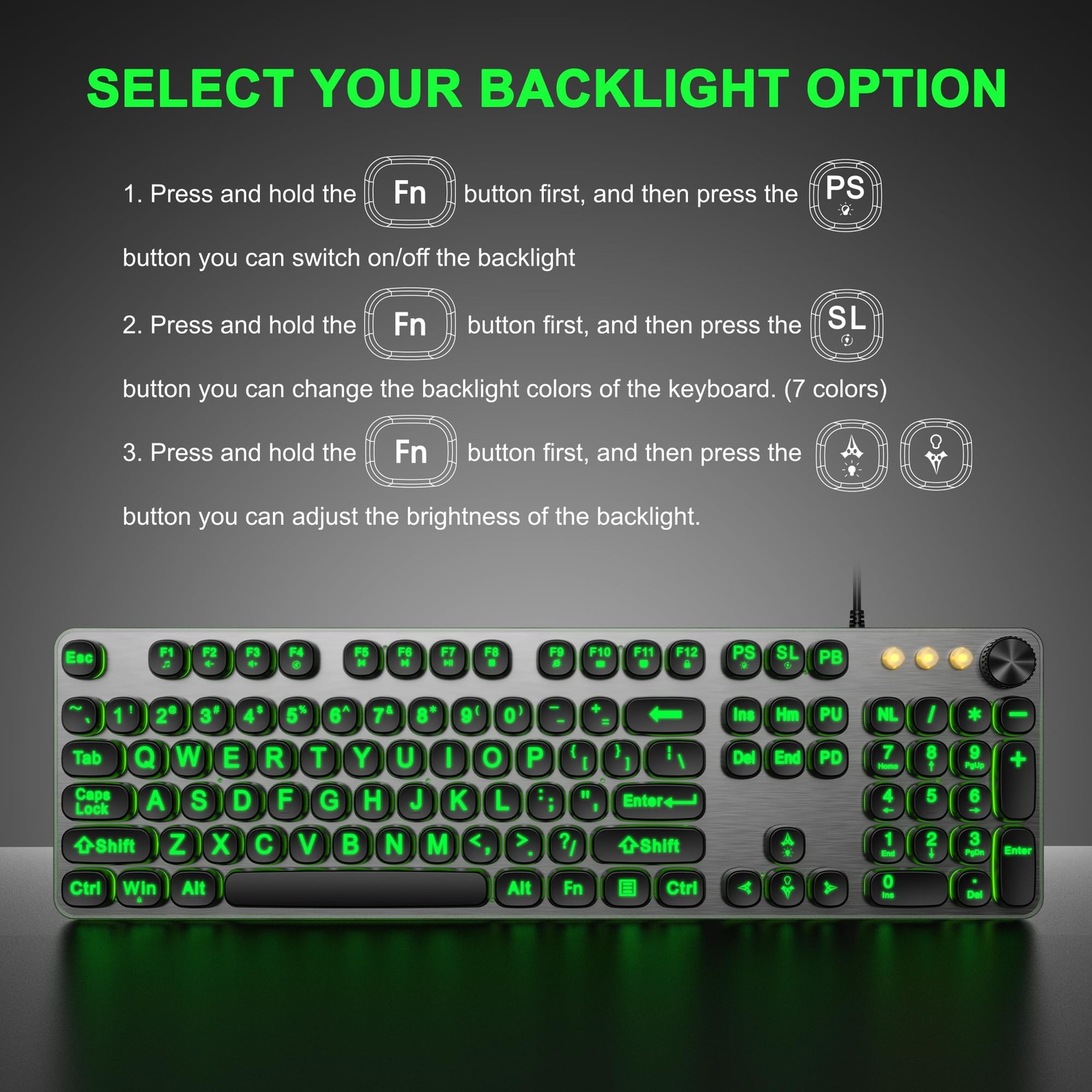 Large Print Backlit Keyboard with 7-Color Backlit, Wired USB Lighted Computer…