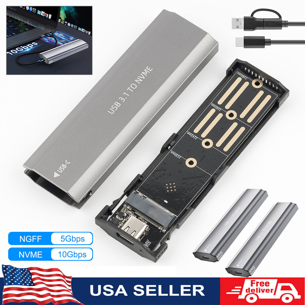 M.2 NVMe/NGFF SATA SSD to USB3.1 External SSD Reader Converter Adapter Enclosure
