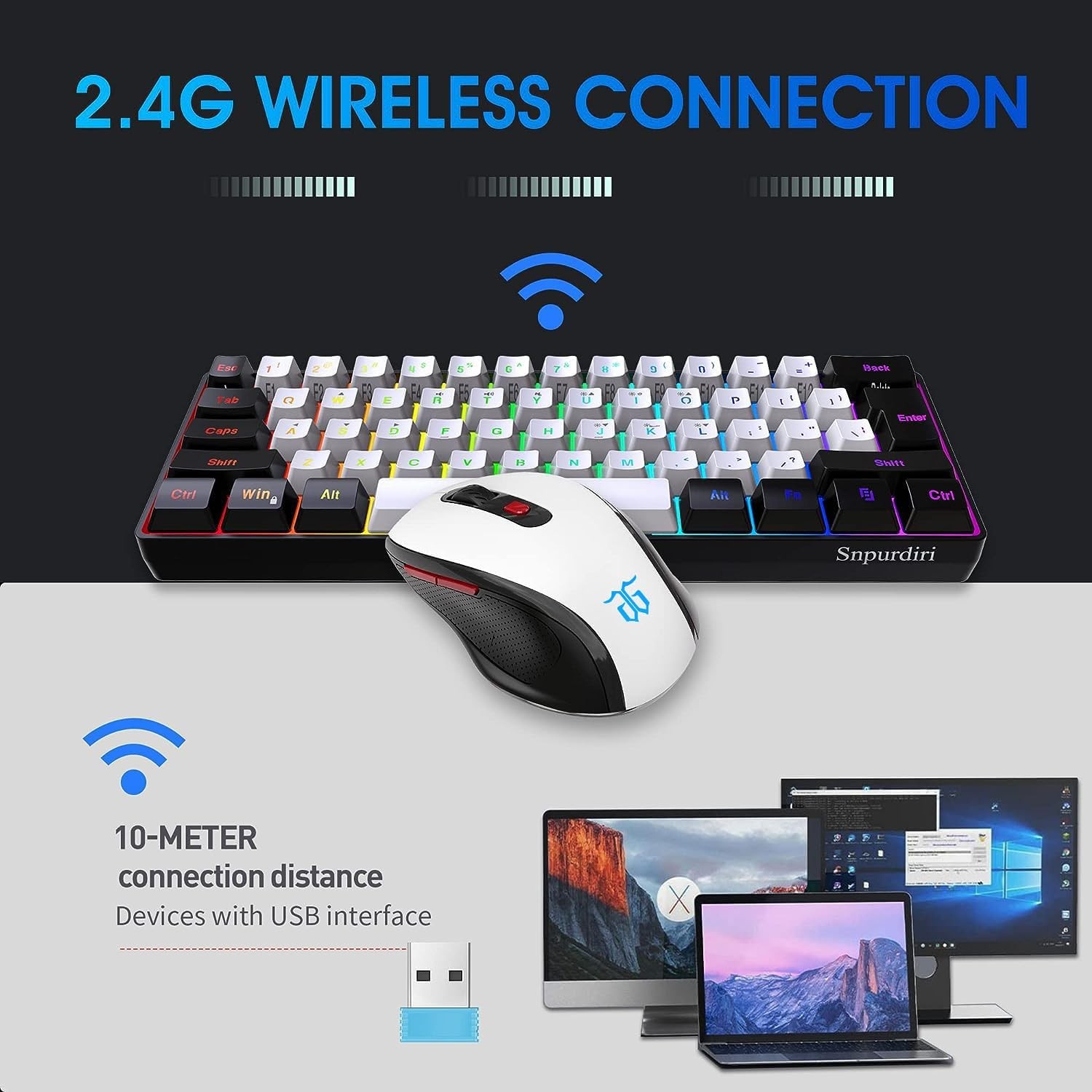 Snpurdiri 2.4G Wireless Mini 60% Gaming Keyboard & Mouse Combo RGB Backlit