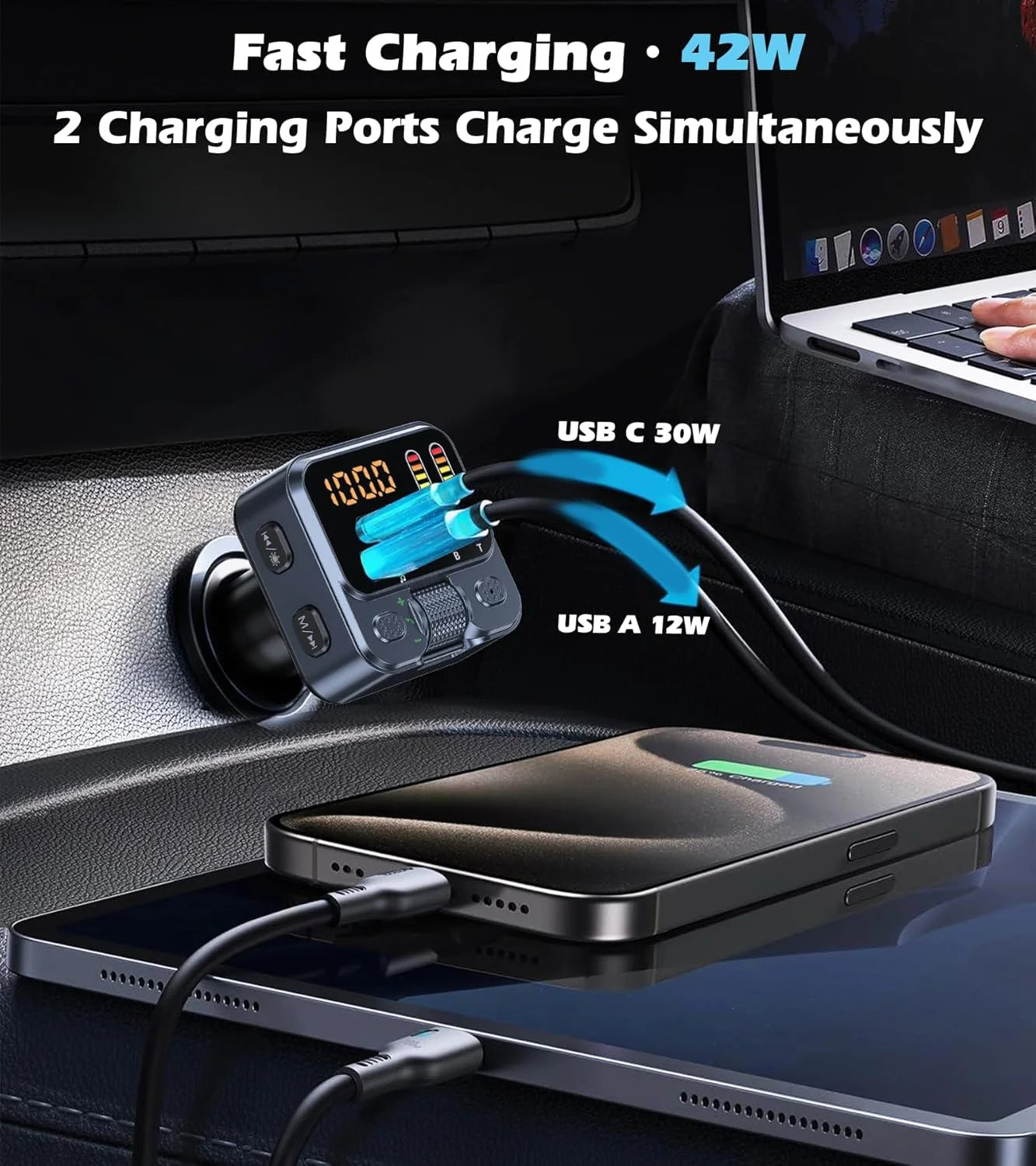 Bluetooth 5.3 FM Transmitter Car Adapter 42W PD Fast Charger Handsfree