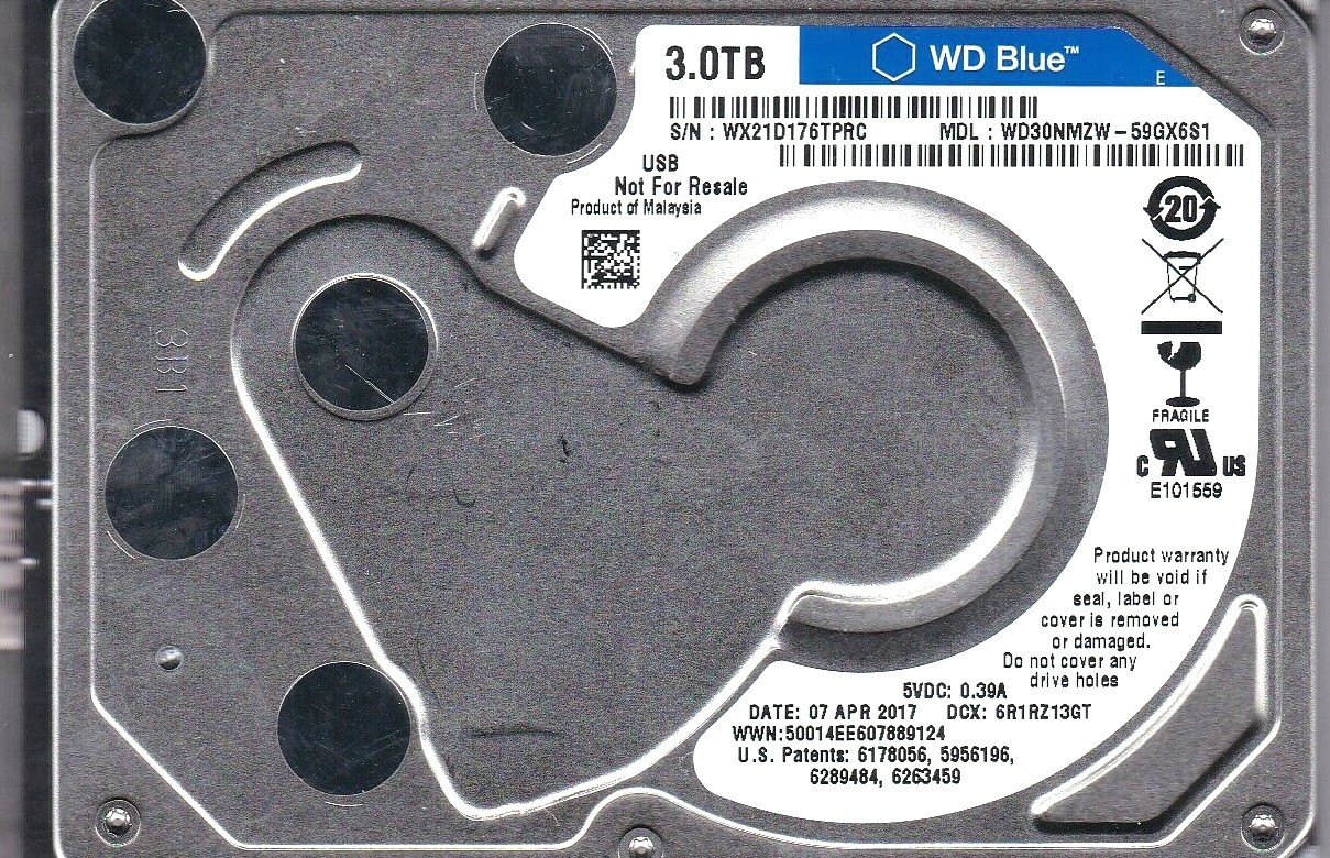 WD30NMZW-59GX6S1 s/n: WX21D1 APR 2017 Malaysia 3TB USB 3.0 2.5″ HDD 5320