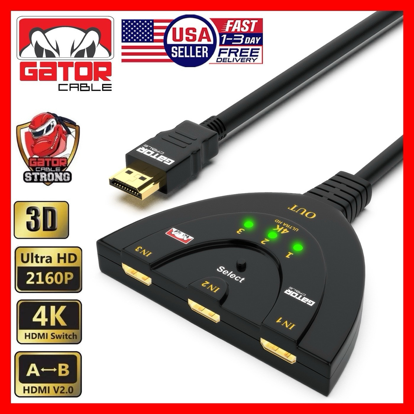 4K HDMI 2.0 Cable Auto Switch Switcher Splitter Adapter 3 In to 1 Out Devices