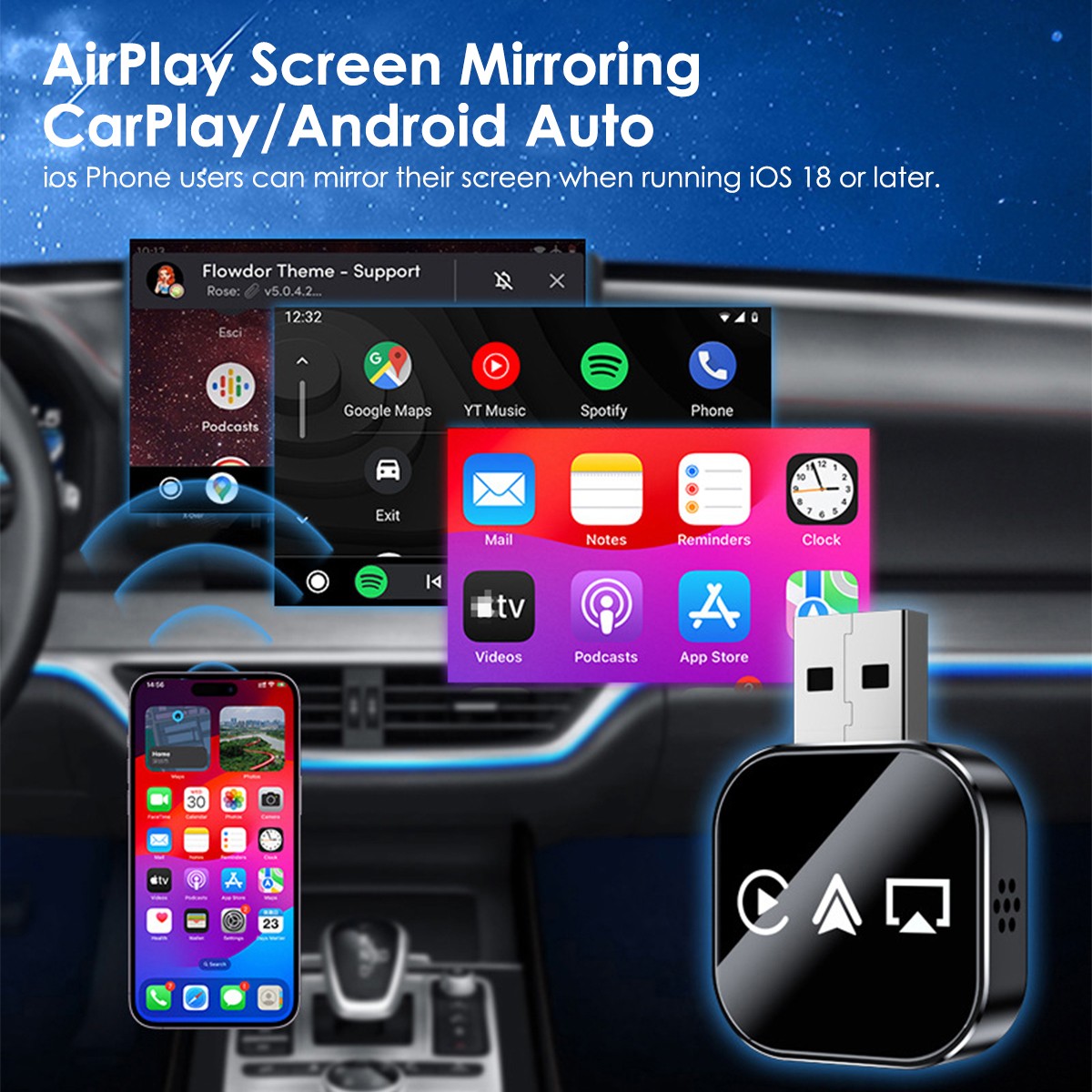 2026 Mini Carplay Adapter 3IN1 Wireless Carplay & Android Auto & Mirror Link