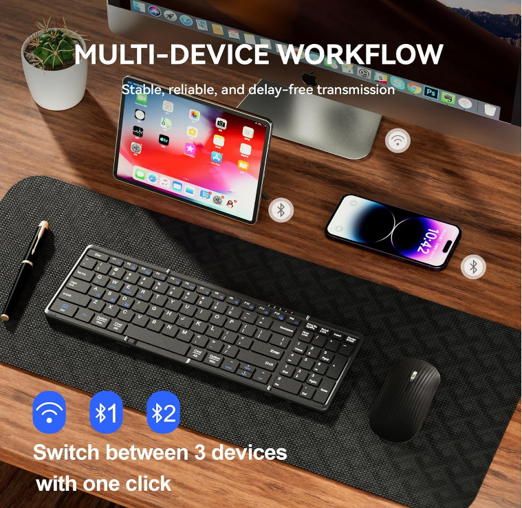 Foldable Keyboard and Mouse, USB-C Rechargeable Folding Wireless Bluetooth Keybo