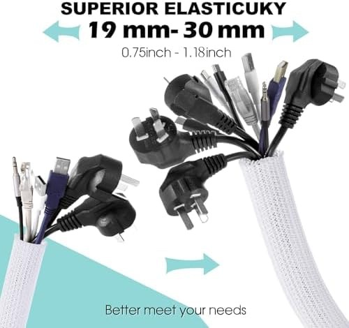 AGPTEK White Cable Sleeve, 2 Pack 5ft – 1.2 Inch Cable Management, Desk Cord …