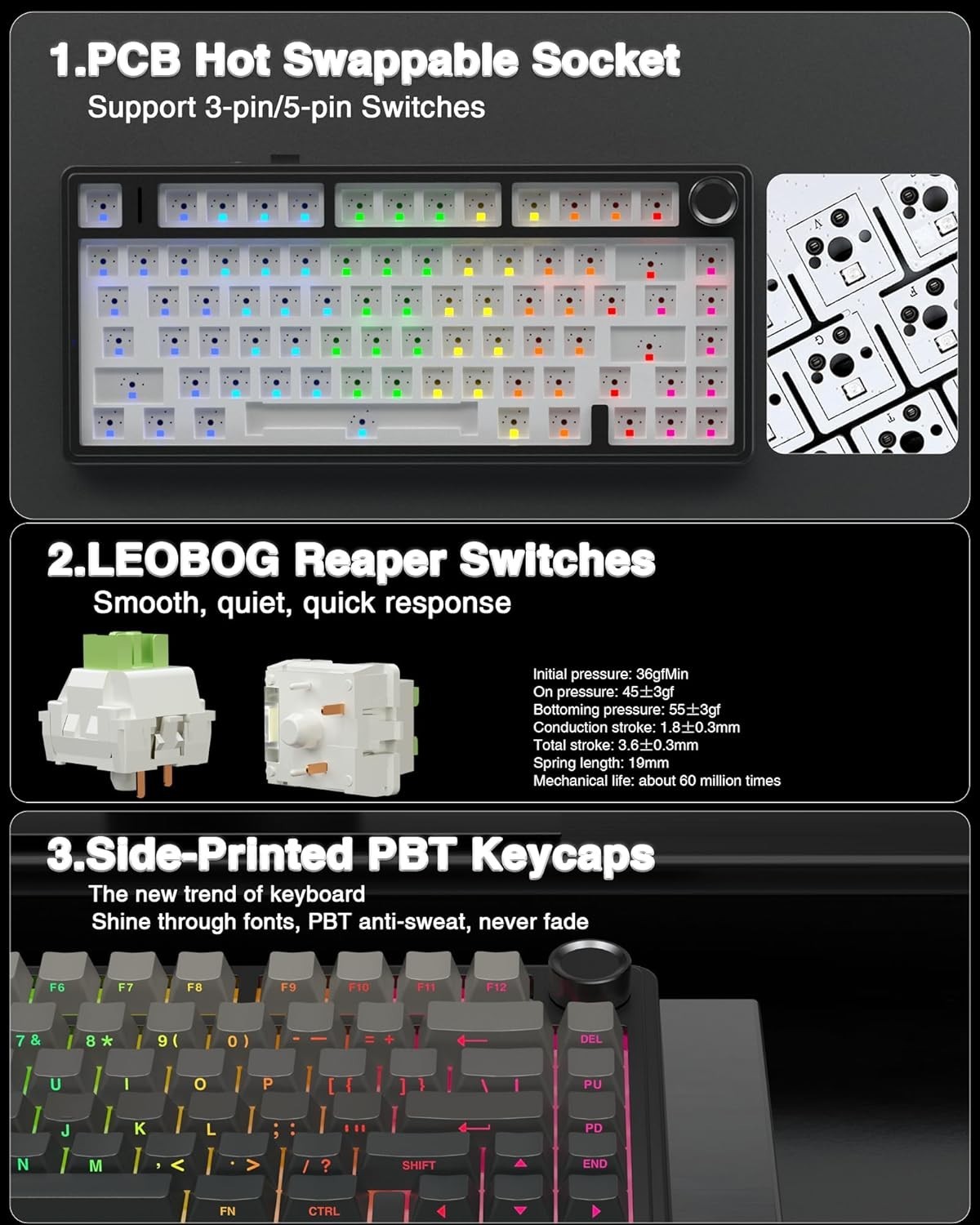 F75 Pro Wireless Mechanical Keyboard,75% Hot Swappable with Knob RGB Backlit