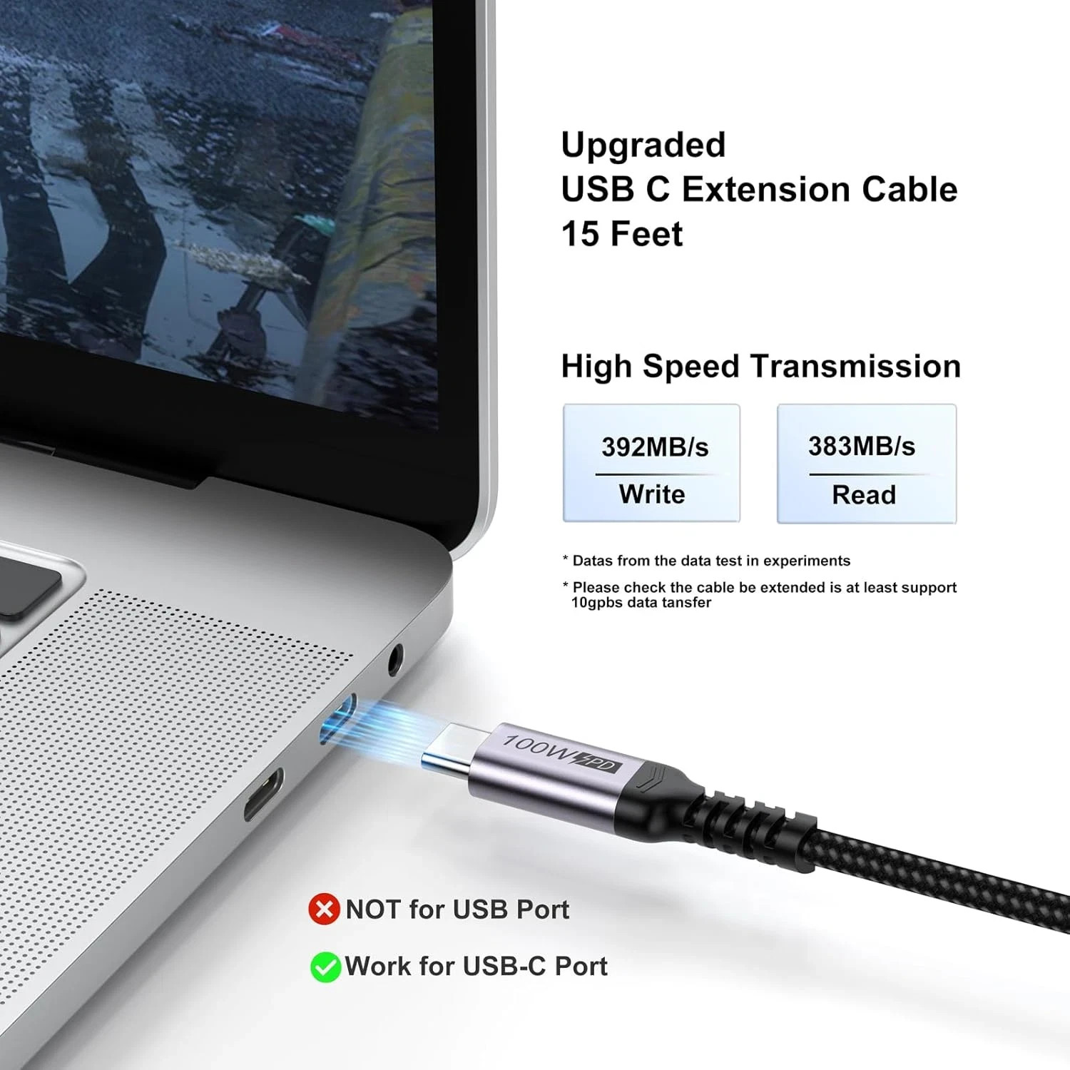 USB C Extension Cable 15Ft Type C 100W Fast Charge 5Gbps Data 4K Display Cord