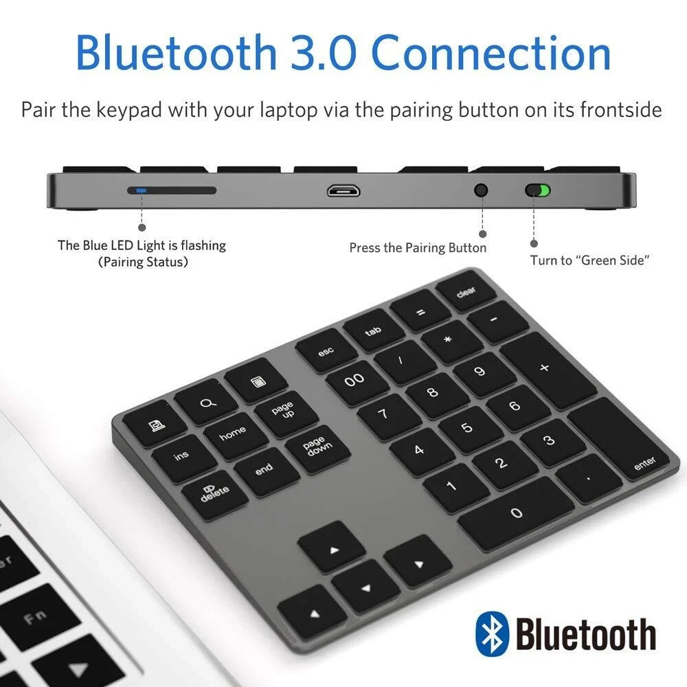 Bluetooth Number Pad Wireless USB-C Rechargeable 34-Keys for MacBook/PC