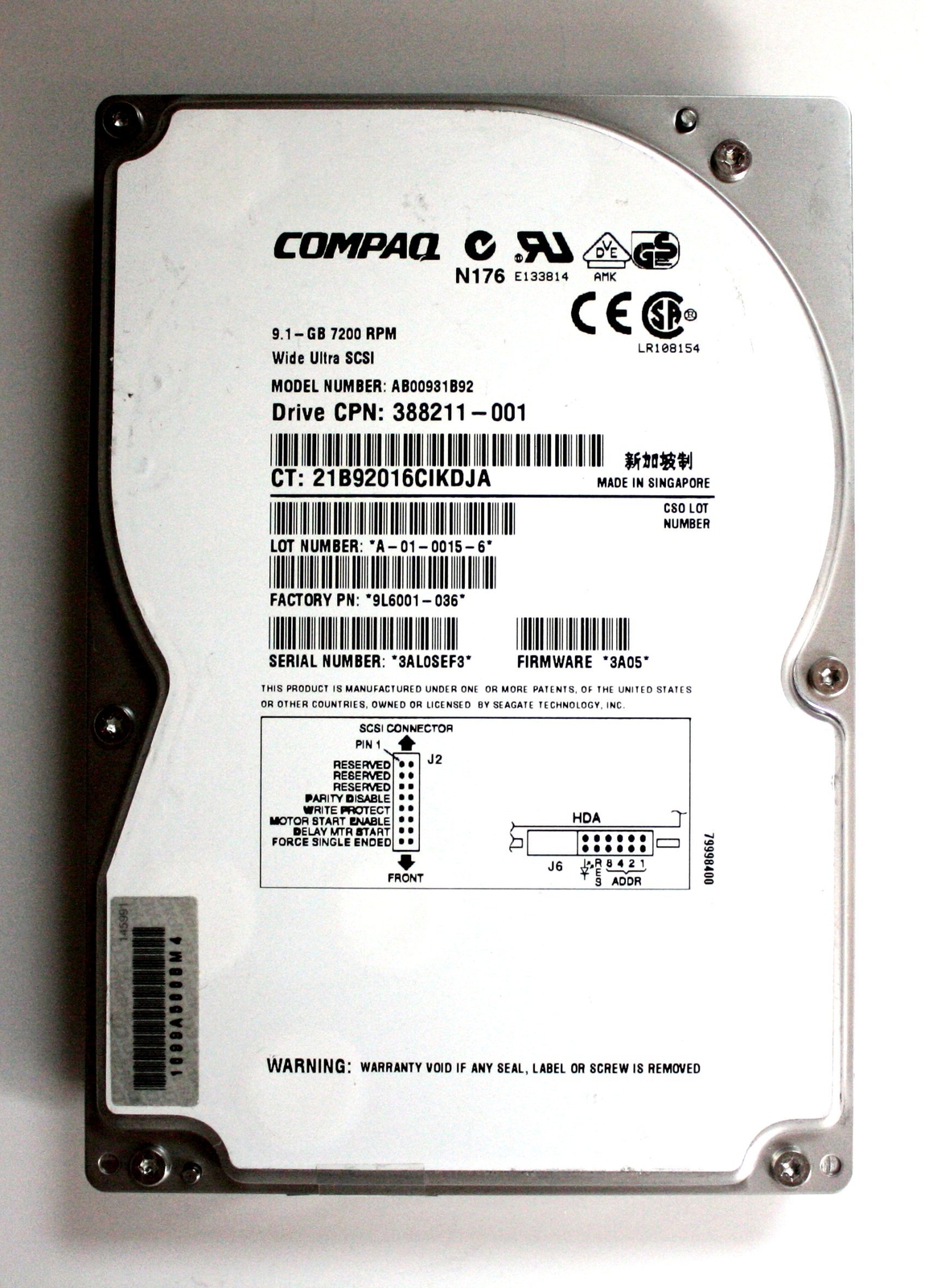 9.1GB 7200RPM WU SCSI HDD, AB00931B92, 388211-001, 9L6001-036, FW 3A05