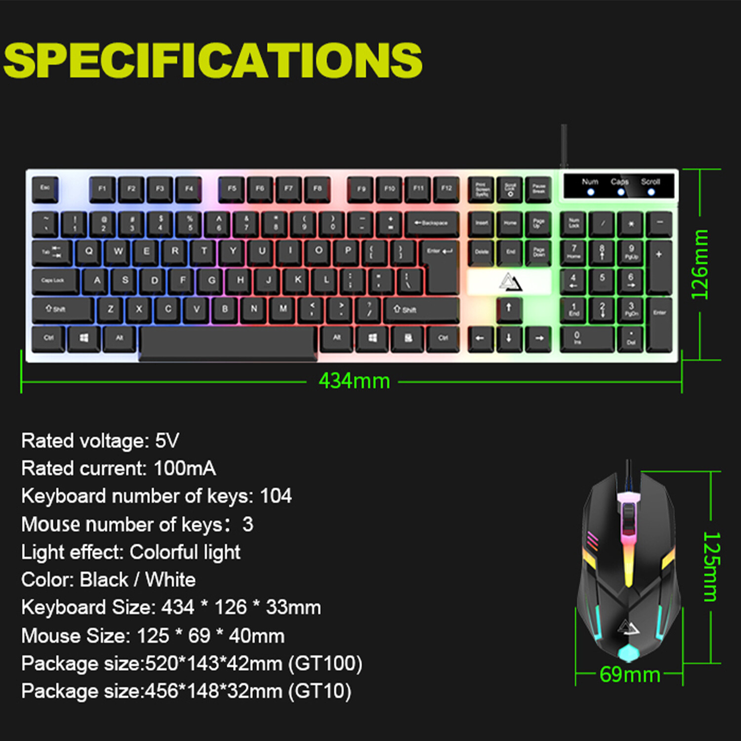 RGB Mouse & Backlit Keyboard, 104-Key Suspension Keycap, Wired USB for PC