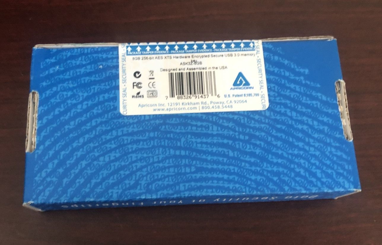 APRICORN 8BG 256-bit AES XTS Hardware Encrypted Secure USB 3.0 memory key