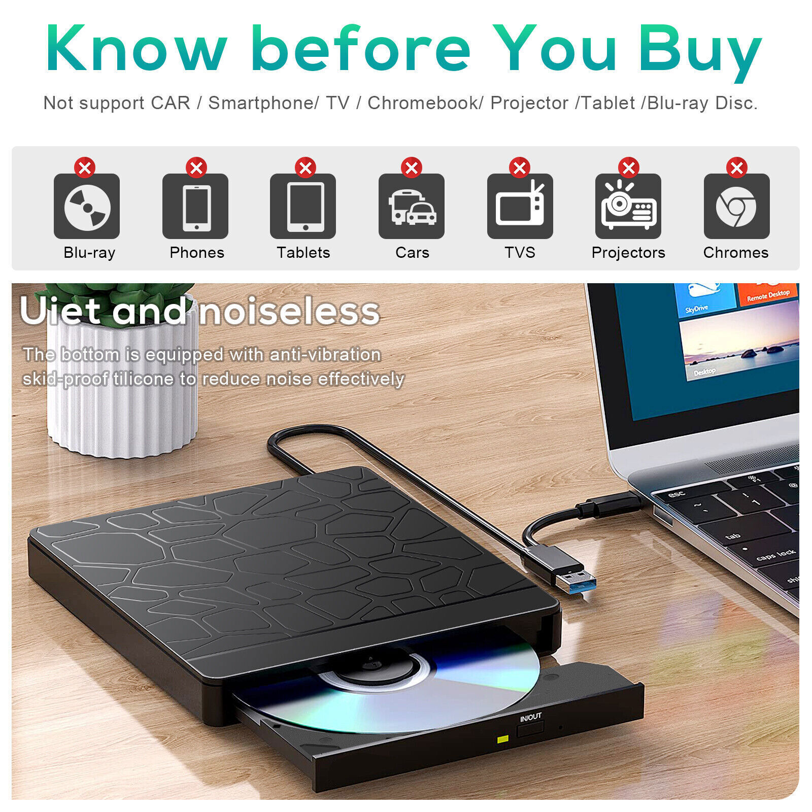 7 in 1 Slim External CD DVD Drive USB 3.0 USB C Disc Player Burner Writer Laptop