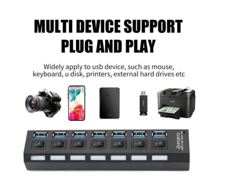 USB Hub 7 Port On/Off Switch High Speed Splitter AC Adapter Cable PC Laptop Lot